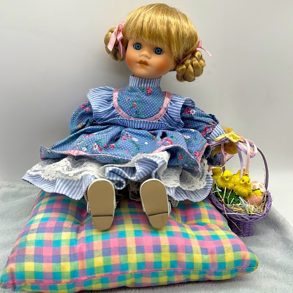 Vintage Porcelain Sitting Blue-eyed Doll on Pillow w/Basket of Chicks 10” High - Picture 1 of 10